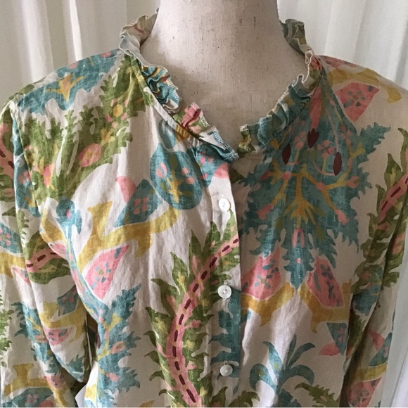 Women’s Spartina 449 Jori Linen Shirt Sugar Mill Damask Ruffle Collar Small - Picture 2 of 12